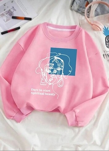 Kadın Pembe Baskılı Oversize Sweatshirt 