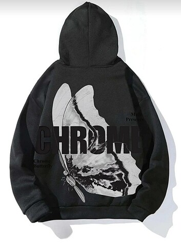 Gri Chrome Kelebek Baskılı Oversize Kapüşonlu Unisex