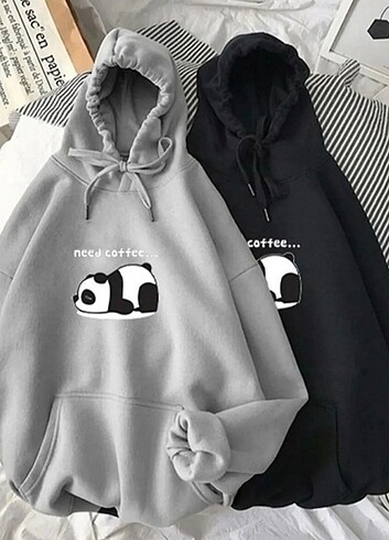 Unisex Antrasit ve Siyah Bear Baskılı Oversize Kapüşonlu 