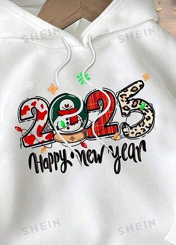 Unisex Beyaz 2025 New Year Baskılı Oversize Kapüşonlu Sweatshirt