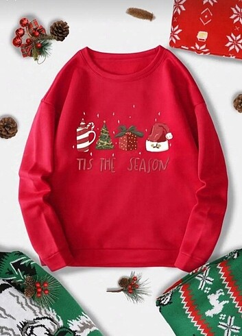Kırmızı Yılbaşı Özel Tis The Season Baskılı Oversize Sweatshirt 