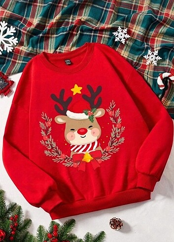Kırmızı Yıl Başı Özel Geyik Baskılı Oversize Sweatshirt