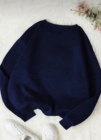 Diğer Ovirsize Kadın Kalp Baskılı Lacivert Bisiklet Yaka Sweatshirt