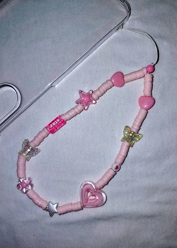 Tasarımcı Pembe Boncuklu Bohem Stil Telefon Charmı