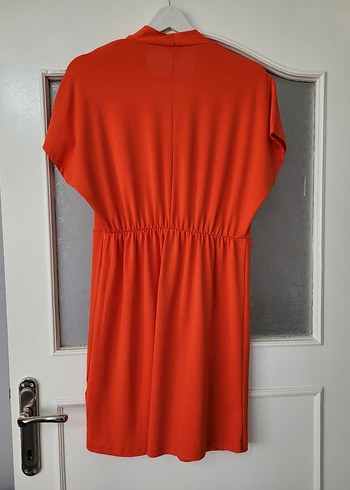 Kırmızı Midi  Elbise V Yaka Drapeli - Görsel 3