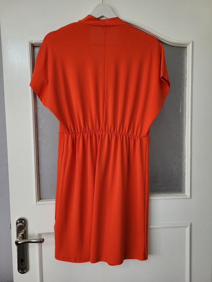 Kırmızı Midi  Elbise V Yaka Drapeli - Görsel 3