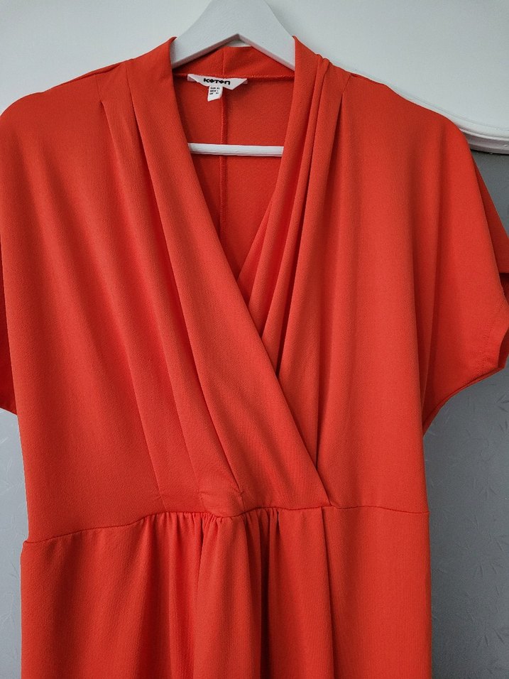 Kırmızı Midi  Elbise V Yaka Drapeli - Görsel 2