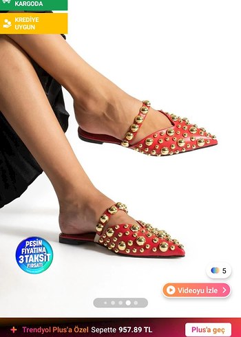 Kırmızı Boncuklu Alçak Topuklu Kadın Terlik - Görsel 6