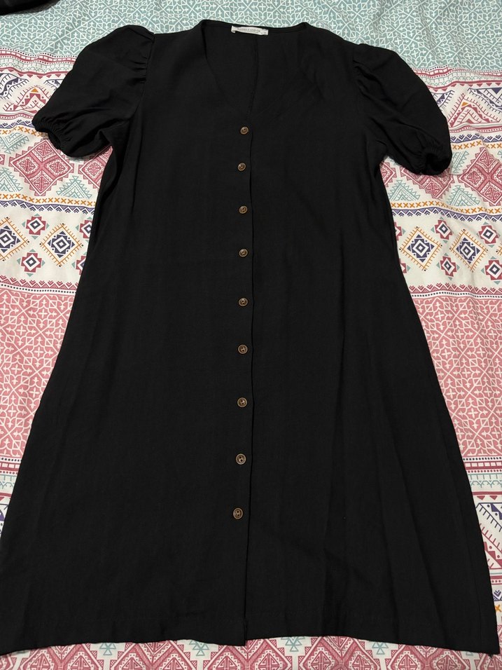 Düğmeli Siyah Uzun Bohem Elbise - Görsel 3