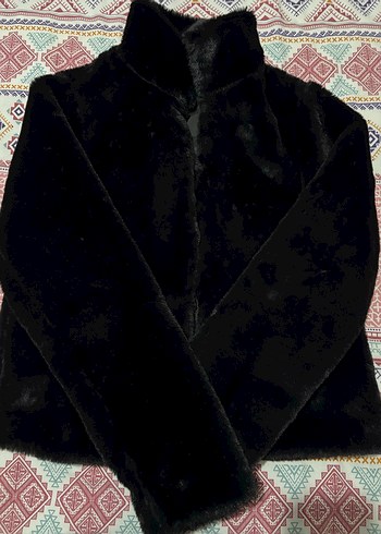 Kadın Siyah Peluş Yüksek Yakalı Kürk Ceket - Görsel 3