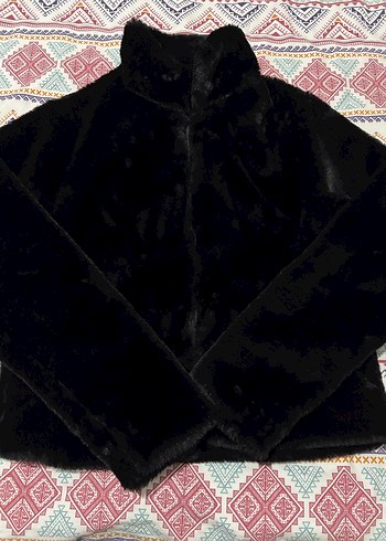 Kadın Siyah Peluş Yüksek Yakalı Kürk Ceket - Görsel 2