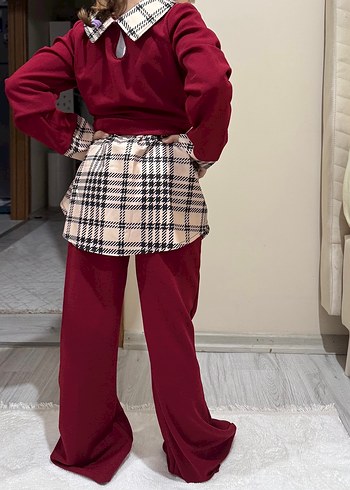 Bordo Ekose Detaylı Kız Çocuk Takım - Görsel 5