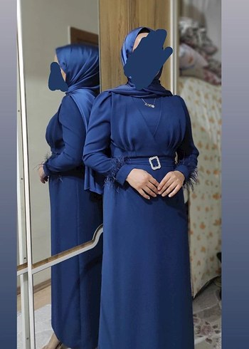 Kemerli Uzun Lacivert Tesettür Elbise - Görsel 2