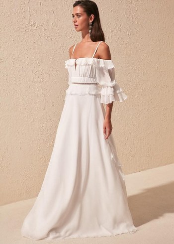 Kadın Beyaz Nakışlı Uzun Bohem Elbise - Görsel 2