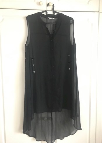 Zara Düğmeli Siyah Midi Boy Kolsuz Gotik Tunik