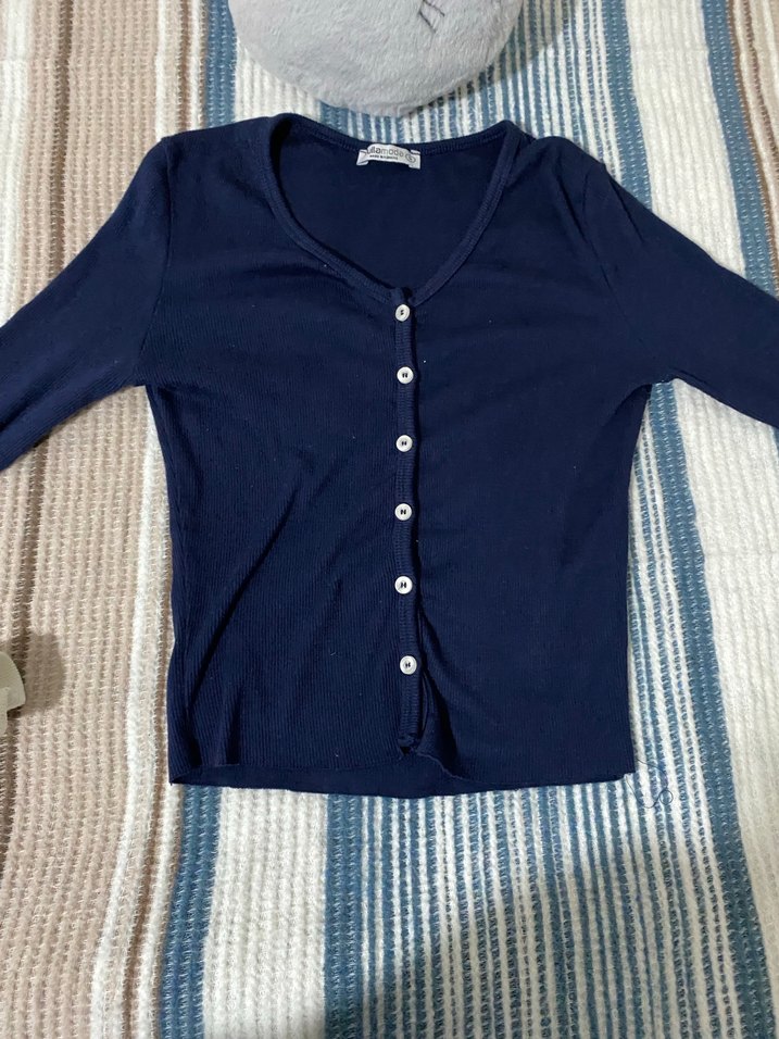 Düğmeli Lacivert uzunkollu crop - Görsel 2