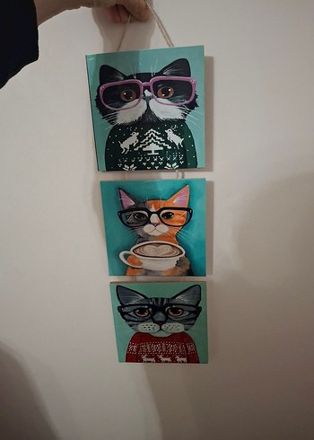 Gri Kedi Temalı Üçlü Duvar Dekoru VİNTAGE - Görsel 2