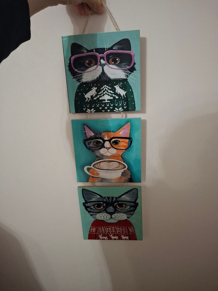 Gri Kedi Temalı Üçlü Duvar Dekoru VİNTAGE - Görsel 2