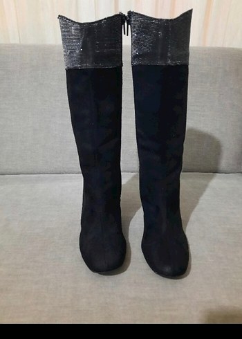 Siyah Süet Dizüstü Stiletto Topuklu Botlar