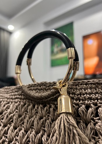 Bohem Gri Örgü Püsküllü Kadın Çanta - Görsel 2