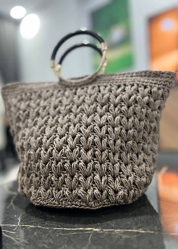 Bohem Gri Örgü Püsküllü Kadın Çanta - Görsel 4