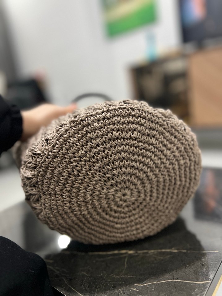 Bohem Gri Örgü Püsküllü Kadın Çanta - Görsel 5