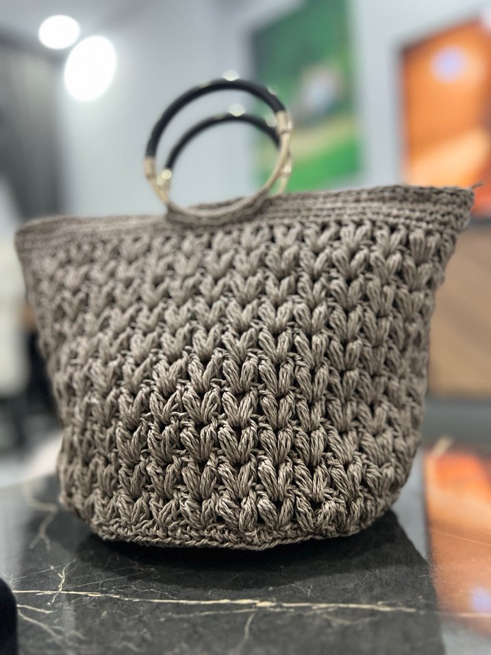 Bohem Gri Örgü Püsküllü Kadın Çanta - Görsel 4