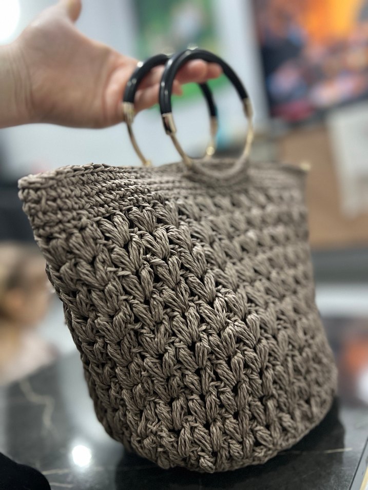 Bohem Gri Örgü Püsküllü Kadın Çanta - Görsel 3