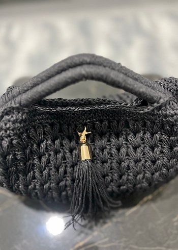Gri El Örgüsü Üçgen Burslu Bohem Püsküllü Kadın Çanta - Görsel 3
