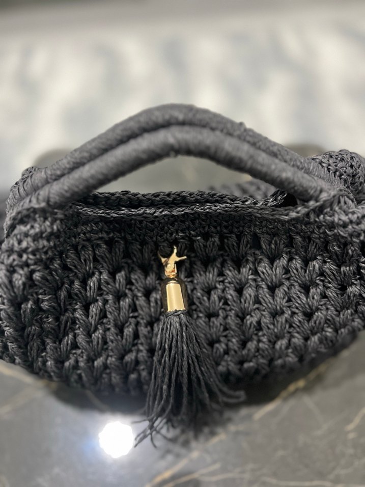 Gri El Örgüsü Üçgen Burslu Bohem Püsküllü Kadın Çanta - Görsel 3