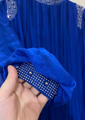 İşlemeli Uzun Kollu Mavi Kadın Elbise - Görsel 3