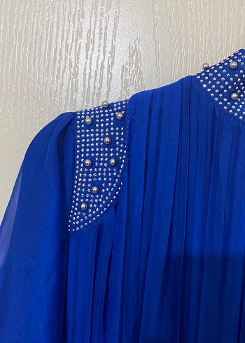 İşlemeli Uzun Kollu Mavi Kadın Elbise - Görsel 7