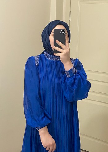 İşlemeli Uzun Kollu Mavi Kadın Elbise - Görsel 2