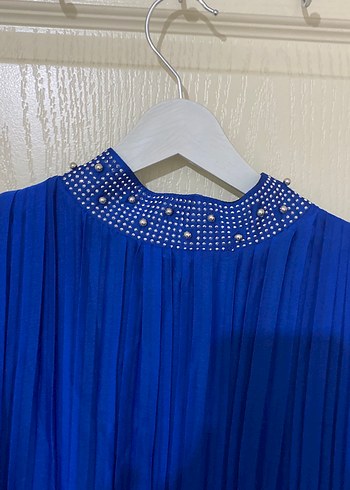 İşlemeli Uzun Kollu Mavi Kadın Elbise - Görsel 6