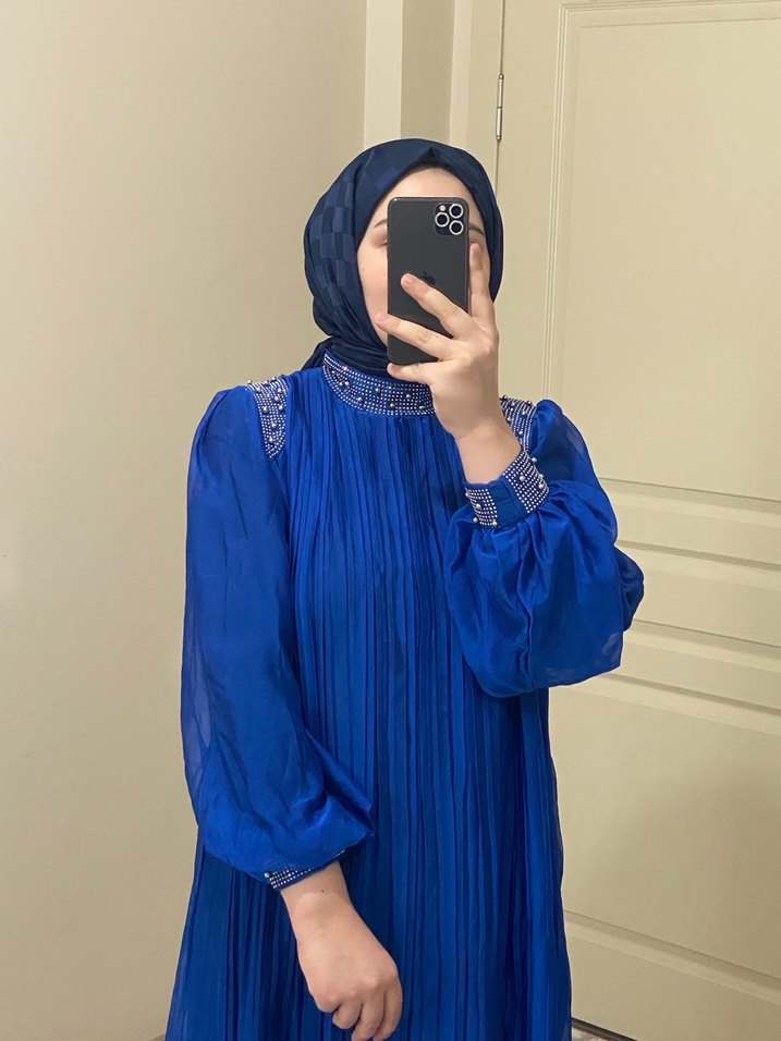 İşlemeli Uzun Kollu Mavi Kadın Elbise - Görsel 2