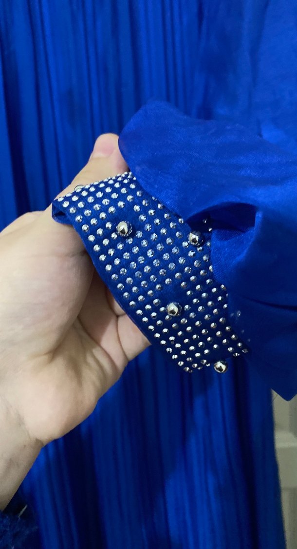 İşlemeli Uzun Kollu Mavi Kadın Elbise - Görsel 5