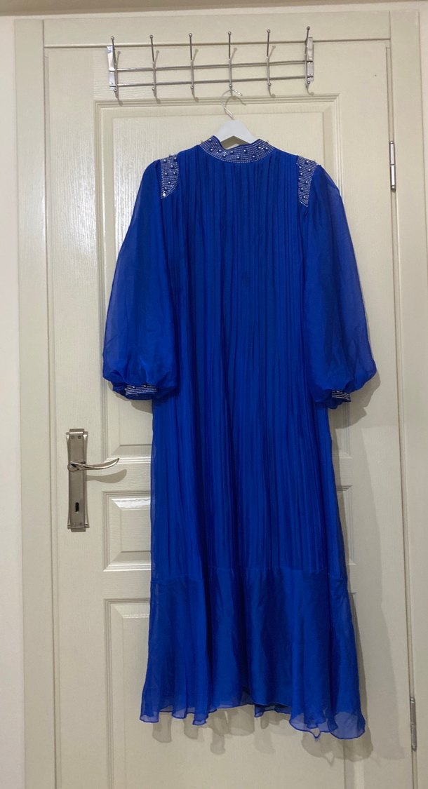 İşlemeli Uzun Kollu Mavi Kadın Elbise - Görsel 4