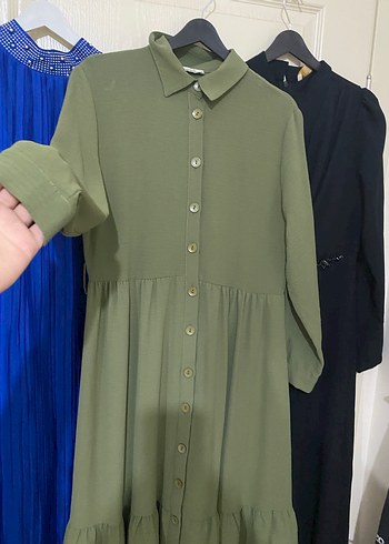 Kadın Haki Uzun Keten Elbise - Görsel 2