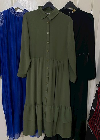 Kadın Haki Uzun Keten Elbise - Görsel 5