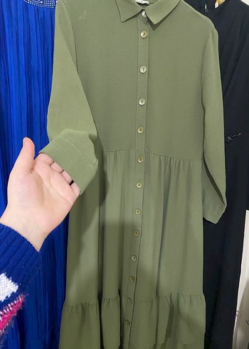 Kadın Haki Uzun Keten Elbise - Görsel 3