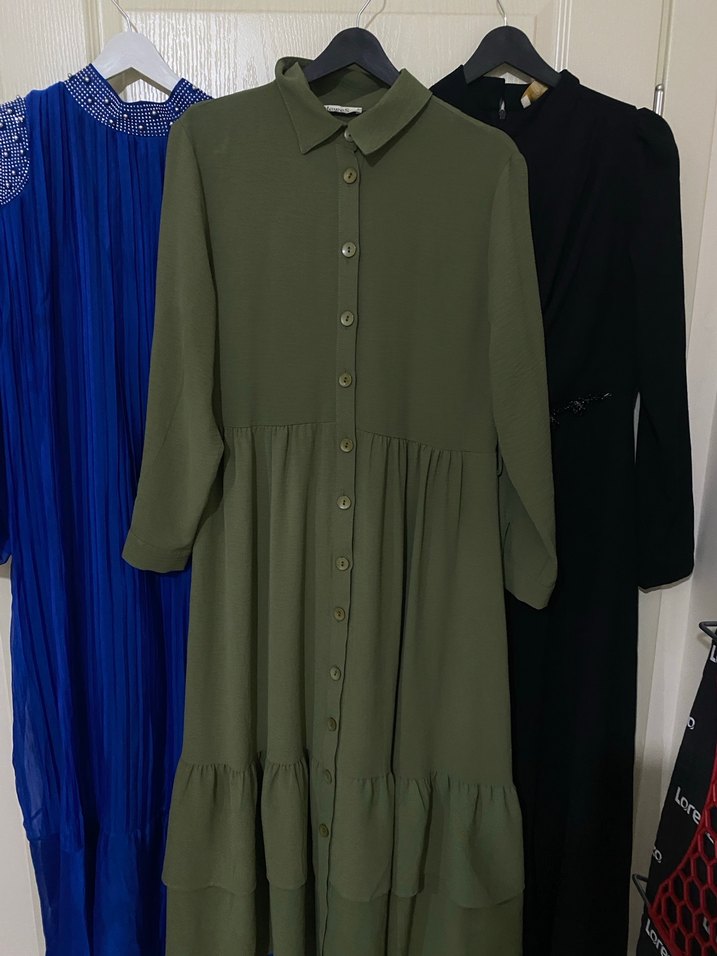 Kadın Haki Uzun Keten Elbise - Görsel 4