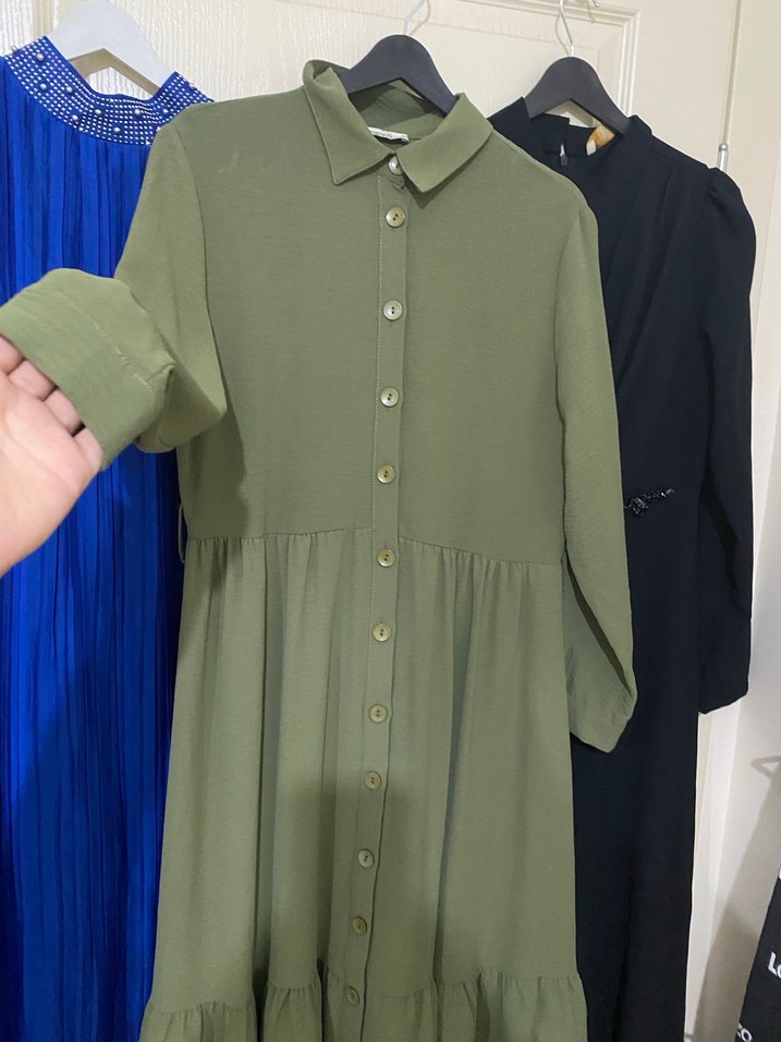 Kadın Haki Uzun Keten Elbise - Görsel 2