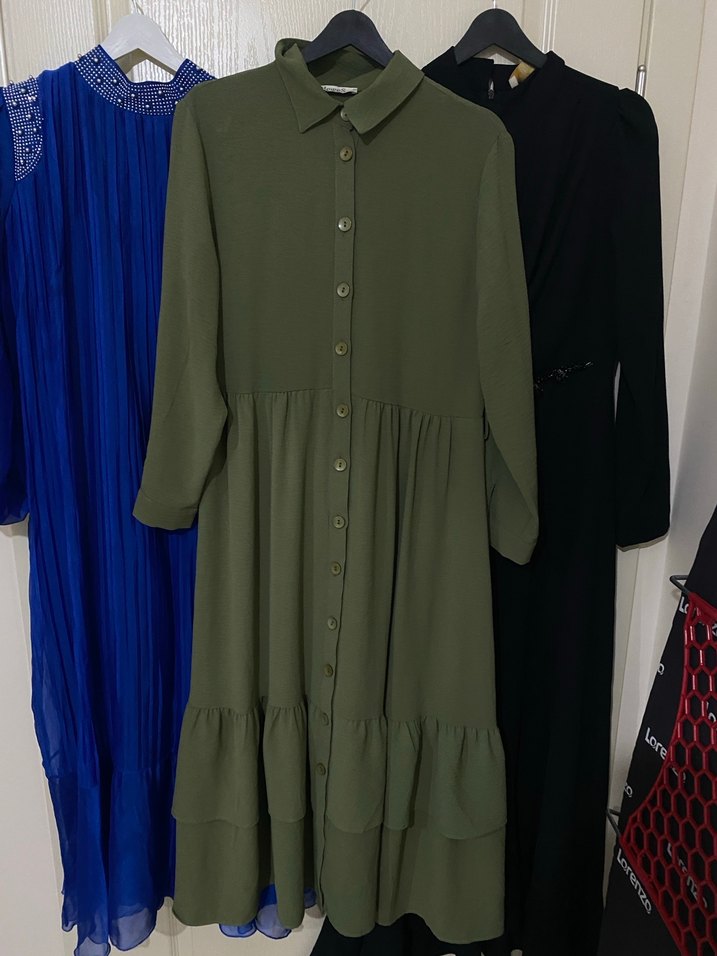 Kadın Haki Uzun Keten Elbise - Görsel 5