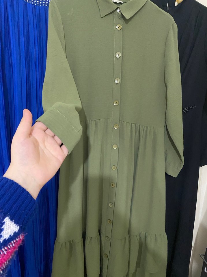 Kadın Haki Uzun Keten Elbise - Görsel 3