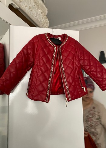 Kız Çocuk Zincir Detaylı Kırmızı Deri Ceket - Görsel 3