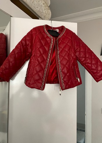Kız Çocuk Zincir Detaylı Kırmızı Deri Ceket - Görsel 7