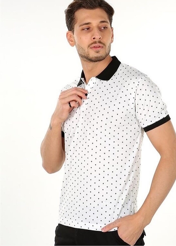 Siyah noktalı Beyaz Polo tişört - Görsel 2