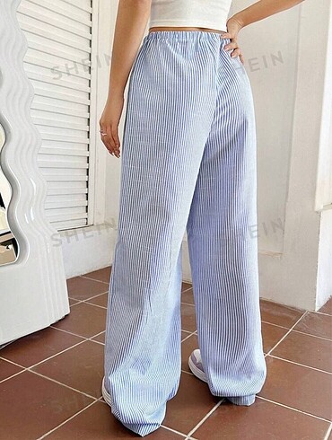 Zara mavi çizgili keten bol pantolon