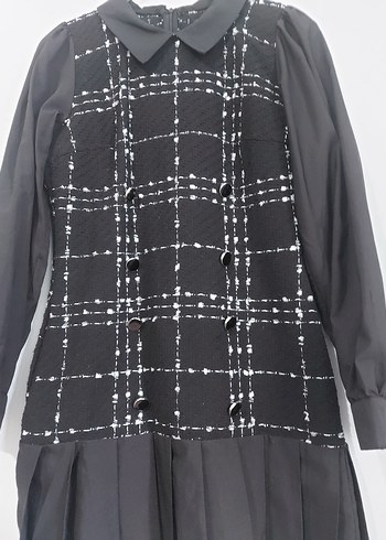 Kareli Pilili Siyah Mini Elbise - Görsel 6