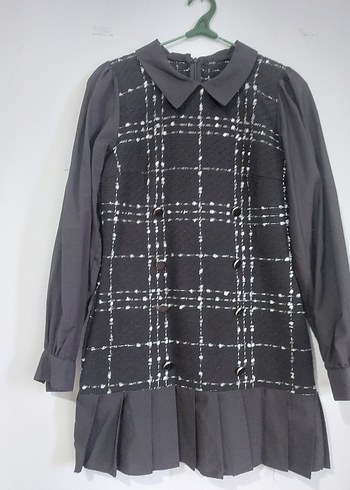 Kareli Pilili Siyah Mini Elbise - Görsel 7